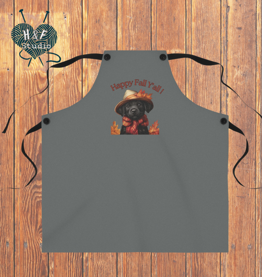 Happy Fall Y'all! Apron featuring a festively fashioned fall Black Lab Puppy